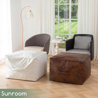 HIGOGOGO Square Stuffed Pouf Ottoman, Pu Leather Poufs with Foam Chunk Filling, Furry and Fluffy Pouf Foot Stool Storage Ottoman,20 X 14 Inches Floor Poufs Foot Rest for Living Room, Beige