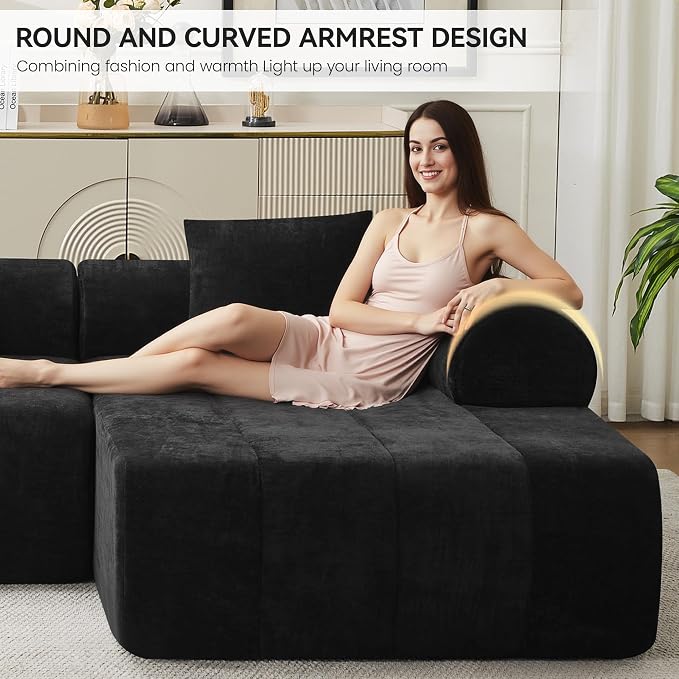 119'' Curved Boneless Sofa Couch, 3 Seat Cloud L Shaped Deep Seat Couches for Living Room, No Assembly Modular Sofa with Right Chaise Lounge, Black