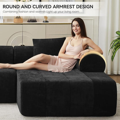 119'' Curved Boneless Sofa Couch, 3 Seat Cloud L Shaped Deep Seat Couches for Living Room, No Assembly Modular Sofa with Right Chaise Lounge, Black