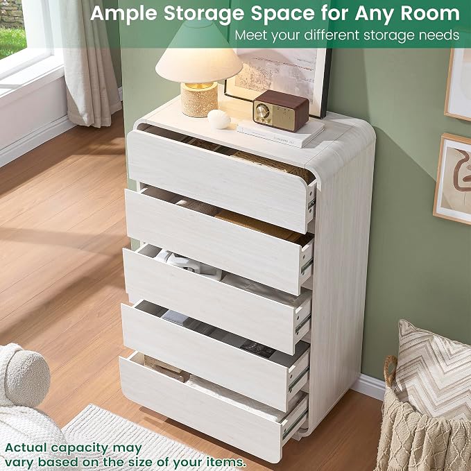 Standifurno White 5 Drawers Dresser, Curved Dresser with Storage Organizer, Modern Drawer of Handleless, Large Chest of Drawers for Living Room, Nursery, Entryway, 29.5’’W