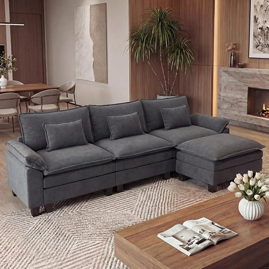 URRED Oversized Modular Sectional Sofa, 122" L Shaped Modern Comfy Cloud Couch with Movable Ottoman & Pillows, Deep Seat Couches for Living Room, Bedroom or Apartment (Velvet Grey, 122" L Shaped)