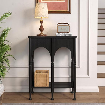 Console Table with Storage Shelf, 28" Small Entryway Table with Roman-Style Legs, Wooden Sofa Table Retro 2-Tier for Living Room, Hallway, Black