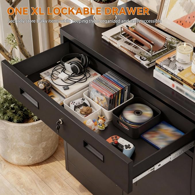 BESFUR Metal Garage Storage Cabinet with One Lockable Drawer 2 Locking Doors and an Adjustable Shelf, 36" Black Metal Short Storage Cabinet for Home Office,Garage,School,Utility Room