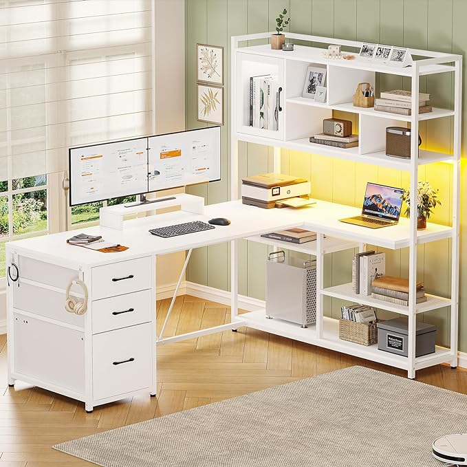 SEDETA L Shaped Computer Desk, 58'' Office Desk with 3 Drawers and Bookshelf, L Shaped Corner Desk with Storage Shelves and LED Light for Home Office, Gaming Desk, L Desk, White