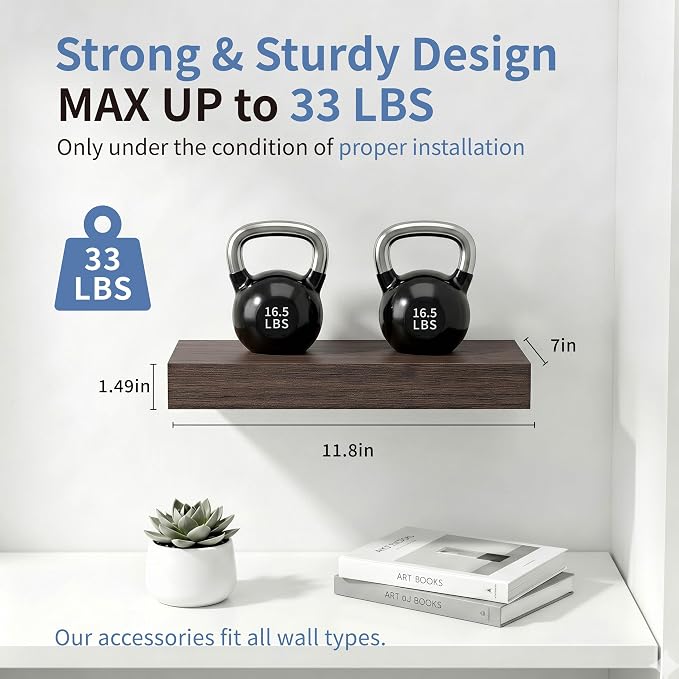 Floating Shelves for Wall, Bathroom Shelves Over Toilet, Wall Shelves & Book Shelf, Hanging Shelf, Modern Wooden Wall-Mounted Samll Floating Shelves, 12x7x1.5 in (Smoke-Gray, Set of 2)