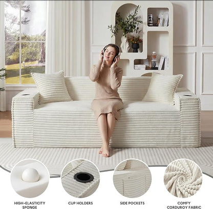 Boneless Sectional Sofa Couch with Cup Holders & Side Pockets, Modern Corduroy Fabric Deep Seat 3-seat Cloud Couch for Living Room Office, No Assembly (White)