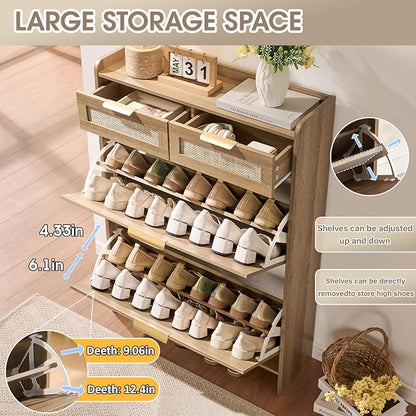 Rattan Shoe Storage Cabinet with 2 Flip Drawers & 2 Drawers, Freestanding Organizer for Front Door Entrance, Hidden Narrow Shoe Rack Cabinet Storage for Entryway, Rustic Oak Rattan