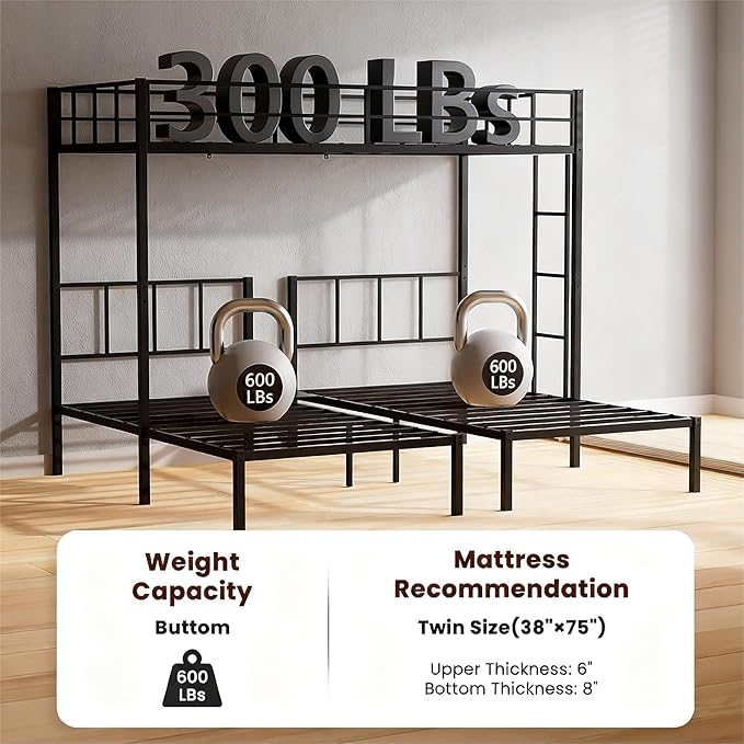 Mixcous Triple Bunk Bed Twin XL Over Twin & Twin, Heavy Duty Metal Bed Convertible to 3 Beds for Teens & Adults, Bunk Bed Frame with Adjustable Ladder, Noise-Free, Ideal for Space-Saving Needs, Black | Converts to 3 beds