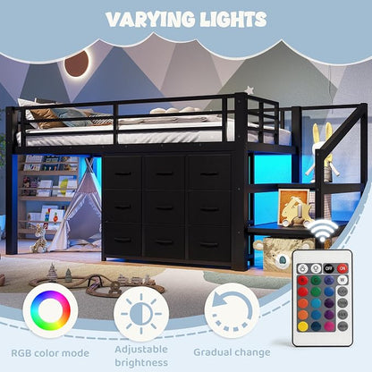 Bellemave Twin Size Low Loft Bed with 9 Fabric Storage Drawers for Kids,Metal Loft Bed Frame with Stairs and LED Lights for Boys Girls,Kids Loft Bed Twin Size,Black