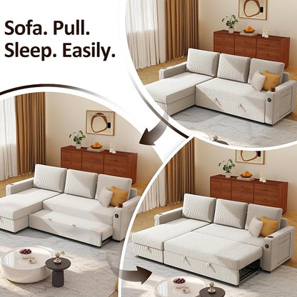 Ball & Cast 80" Sectional Sleeper Sofa Bed Pull Out Couches for Living Room | L Shaped Convertible Pull Out Sofa Bed with Storage Chaise, Foldable Table, USB Port, Cup Holder, Side Pocket for Small Space