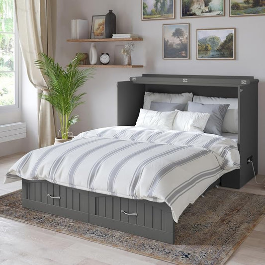 AFI, Southampton Murphy Bed Chest Full with 6" Mattress, Built-in USB Charger & Storage Drawer, Grey