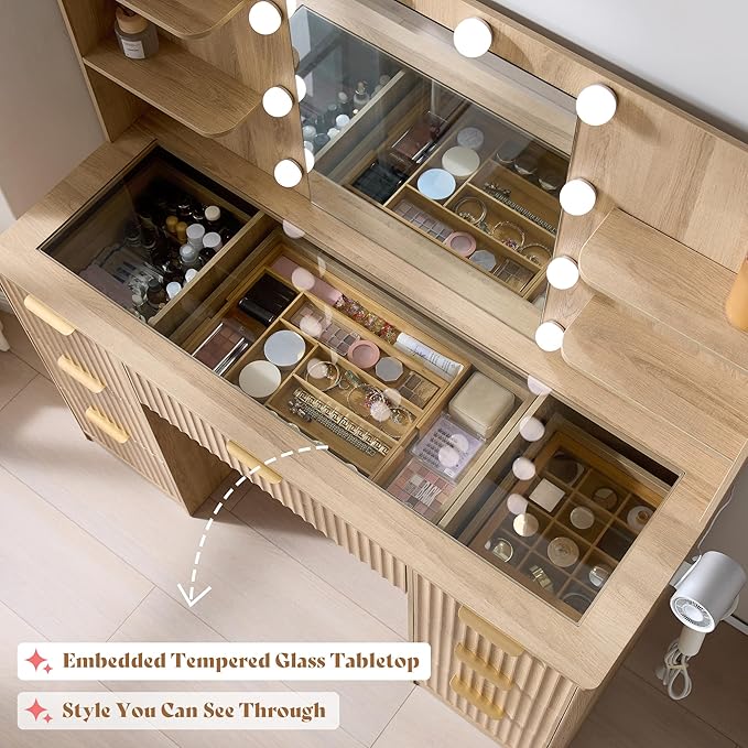 AMERLIFE 47.2" Fluted Vanity Desk with Mirror and Adjustable LED Lights, Large 7 Drawers Makeup Vanity Table with Glass Top and Charging Station for Women and Girls, Bedroom or Dorm, Natural Oak