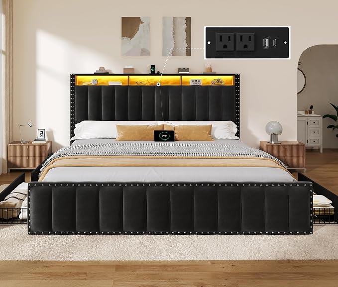 DWVO King Size Bed Frame with 4 Storage Drawers and RGB LED Lights, Velvet Upholstered Platform Bed with Charging Station and Bookcase Storage Headboard, No Box Spring Needed, Easy Assembly, Black