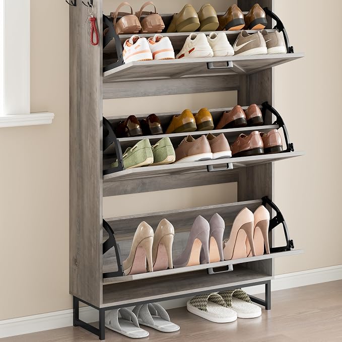 BORNOON Shoe Cabinet with 3 Flip Drawers Narrow Shoe Storage Cabinet Organizer Wooden Freestanding Shoe Rack Hidden Slim Shoes Storage Cabinet for Entryway, Hallway, Living Room, Bedroom
