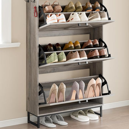 BORNOON Shoe Cabinet with 3 Flip Drawers Narrow Shoe Storage Cabinet Organizer Wooden Freestanding Shoe Rack Hidden Slim Shoes Storage Cabinet for Entryway, Hallway, Living Room, Bedroom