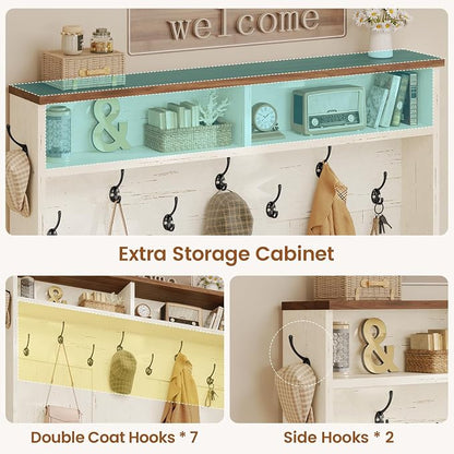 Itaar Hall Tree with Bench and Shoe Storage, 5-in-1 Entryway Bench with Coat Rack, 10 Shoe Cubbies & 9 Coat Hooks, Barn Door & Adjustable Shelf (White)