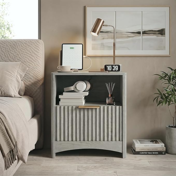 Marsail Fluted Nightstand Set of 2, Wooden Nightstands with Drawers, Modern Bedside Table with Charging Station and Storage, End Table with Storage Side Table for Bedroom, Grey