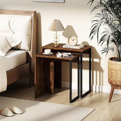 Giantex Nesting Coffee Table Set of 2, Rectangular Stackable Side Tables with Sturdy Metal Frames, Modern Nesting End Tables for Living Room, Bedroom, Rustic Brown