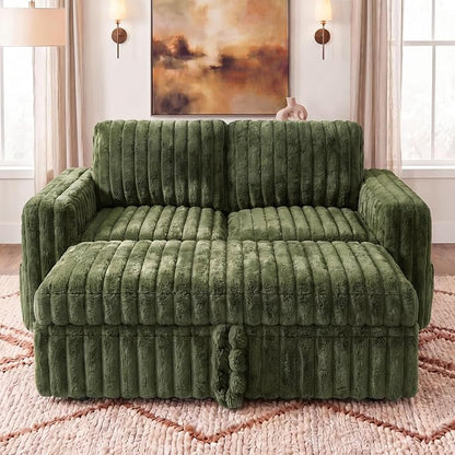 HONBAY Plush Corduroy Loveseat Sleeper Sofa,Modular Pull Out Sofa Bed,Couches for Living Room,Plush Green
