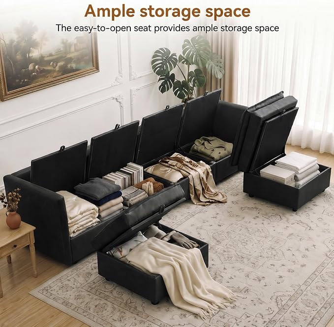 105" Black Faux Leather Storage 4 Seater Sofa with 2 Ottomans, Comfy Couch | Convertible Modular Sectional Sofa, U Shaped Oversized Couch, Upholstered Large Cloud Couch For Living Room, Apartment.