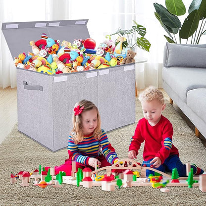 Pantryily Large Toy Box Chest Storage Organizer with Lid,Collapsible Kids Toys Boxes Basket Bins with Sturdy Handles for Boys and Girls, Nursery, Playroom, Closet 25"x13" x16" (Light Grey)