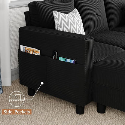 Shintenchi Modern Upholstered Sectional Sofa, L-Shaped Couch with Storage Ottoman and Reversible Chaise for Living Room, Black Corduroy Fabric