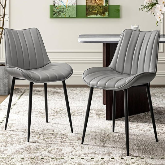 VECELO Dining Chairs Set of 2, Vegan Leather Fabric & Metal Frame, Mordern Style for Kitchen, Living Room,Offcie, Light Grey