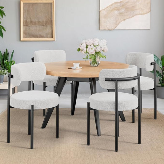 PatioPerk Boucle Dining Chairs Set of 4, White Mid Century Morden Chair with Curved Backrest, Round Upholstered Sherpa with Metal Legs, Suitable for Various Kitchen Styles