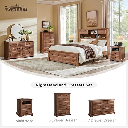 T4TREAM Farmhouse Dressers & Night Stand Set of 4, 54" Wide 7 Drawer Dresser & 48" Tall 6 Drawers Chests, 18" Wide 2 Drawers Side Table Set of 2, Furniture Dresser Sets for Home, Light Walnut