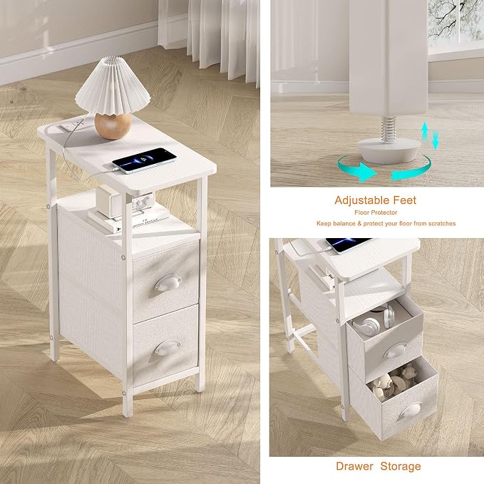 sthmec Narrow End Table with Charging Station, Narrow Side Table with 2 Fabric Drawers, Slim Nightstand, Skinny Bedside Table, Small Side Table for Small Spaces, Living Room, Bedroom, White