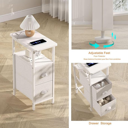 sthmec Narrow End Table with Charging Station, Narrow Side Table with 2 Fabric Drawers, Slim Nightstand, Skinny Bedside Table, Small Side Table for Small Spaces, Living Room, Bedroom, White