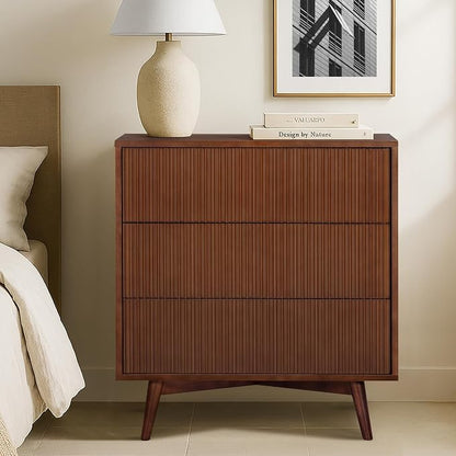 Teamson Home 30″ Wide Fluted Dresser with 3 Push-Open Drawers, Deep Storage with Natural Fluted Front Texture, Solid Rubber Wood Feet and Real Veneer Finish for Bedroom or Living Room, Walnut | 3 Push-Open Drawers, Deep Storage with Natural Fluted Fron...
