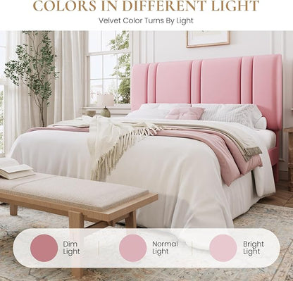 SHA CERLIN Queen Size Platform Bed Frame, Velvet Upholstered Bed with Adjustable Headboard, Vertical Channel Tufted Design, Sturdy Wood Slat Support, No Box Spring Needed, Easy Assembly, Pink