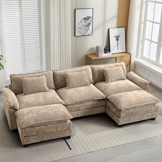 Oprisen 120" Modular Sectional Sofa, Comfy Cloud Couch Sectional Sofa with Ottoman, Chenille Sofa Sleeper Deep Seat Sofa with Throw Pillows for Living Room (Khaki, 120"- U Shape)
