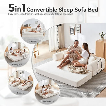 Convertible Folding Couch, 5-in-1 Futon Sofa with Armrests, Convertible Sleeper Sofa Bed Comfy Fold Out Bed for Living Room, Bedroom,Guest, Office, No Assembly Sofa for Small Spaces(Beige White)