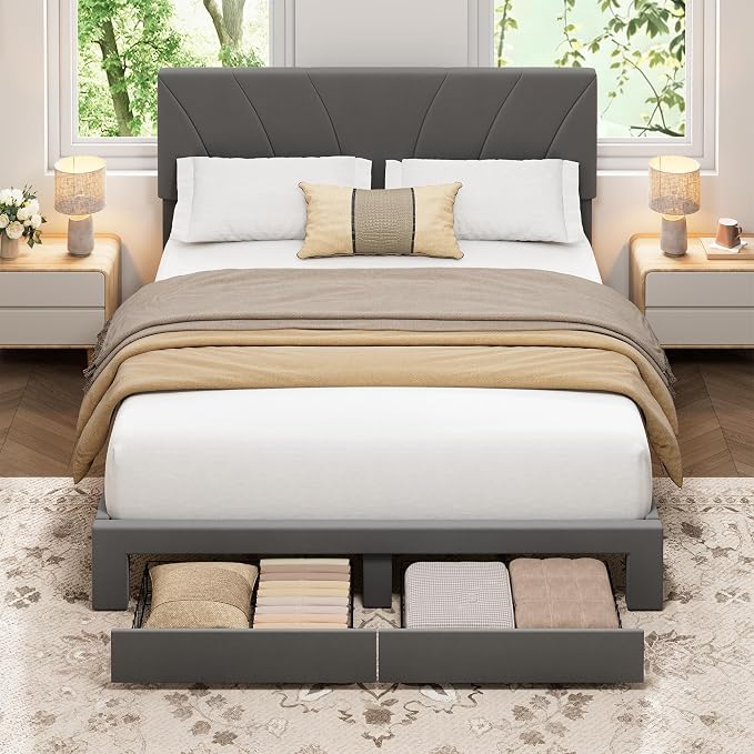 Garvee Full Size Bed Frame with 2 Storage Drawers & Adjustable Headboard, Velvet Upholstered Platform Full Bed Frame, Wooden Slats Support, No Box Spring Needed, Easy Assembly, Grey