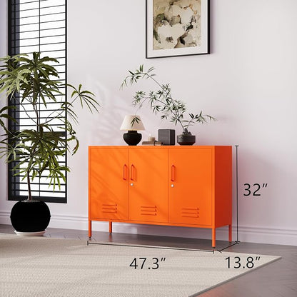32" Wide 3-Door Lockable Metal Storage Cabinet with Accent Cabinet Locker, Heavy Duty Home Tool Cabinet, 2 Removable Shelves & Easy Assembly, for Home, Office, Entryway and Hallway Orange