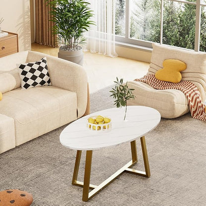 Wolawu Coffee Table White Faux Marble Coffee Table for Living Room,Oval Center Tables Modern Tea Table for Small Space,Wooden Living Room Tables End Table with Sturdy Gold Metal Leg