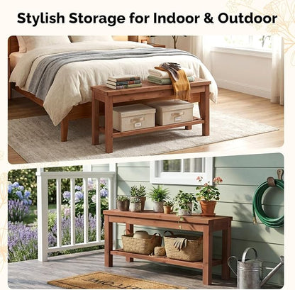 VINGLI Rustic Storage Bench, Solid Wood Seat with Storage Shelf, Indoor Outdoor Shoe Rack, 450lbs Capacity Small Outdoor Bench for Mudroom Entryway Patio Porch (Brown, 40in)