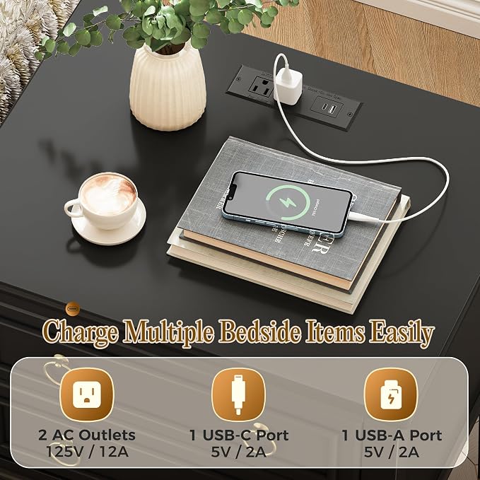 Huuger 27.6 Inch Tall Nightstand with Charging Station, USB-C Port, Larger Night Stand Set of 2, Bedside Table with 2 Drawers, 11.4 Inch Raised Legs, Side Tables End Tables, for Bedroom, Black