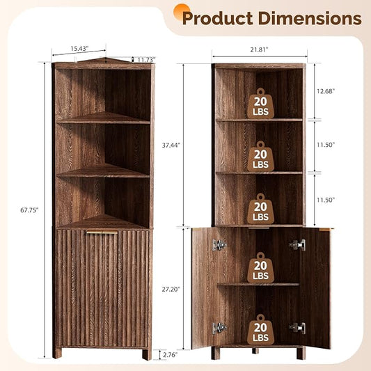 VINGLI Tall Corner Cabinet with Fluted Doors, 68" Walnut Corner Storage Cabinet with Adjustable Shelves, Freestanding Wood Corner Bookshelf for Bathroom, Living Room & Kitchen, Space-Saving