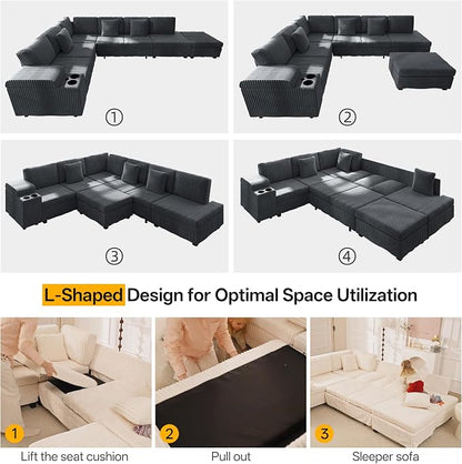 KEIKI 110" L-Shaped Oversized Plush Corduroy Modular Sectional Sofa with Pull-Out Bed, Convertible 6-Seater Sleeper Couch Bed with 1 Ottomans & USB & Cup Holders, Easy Assembly, for Living Room, Gray