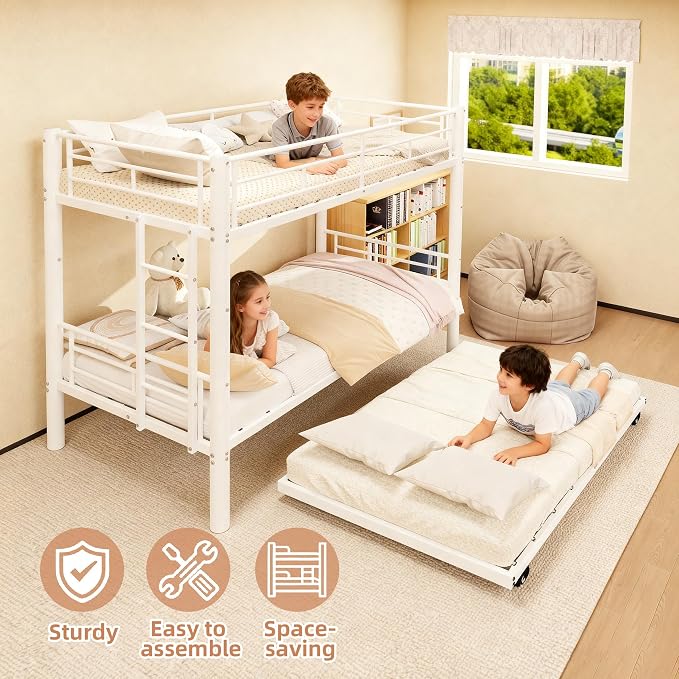Bunk Bed with Trundle, Metal Twin Bunk Beds with Guardrail and Ladder for Kids/Teenagers/Adults, Space-Saving Bunk Bed Can be Split Into 3 Beds, No Box Spring Needed(White, with Trundle)