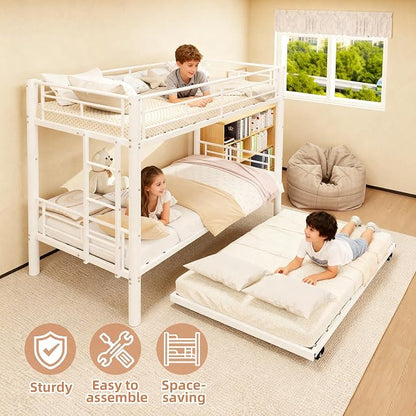Bunk Bed with Trundle, Metal Twin Bunk Beds with Guardrail and Ladder for Kids/Teenagers/Adults, Space-Saving Bunk Bed Can be Split Into 3 Beds, No Box Spring Needed(White, with Trundle)