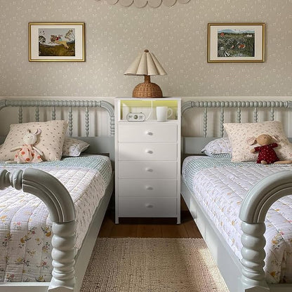 BOLUO White Dresser with 5 Drawers Tall Nightstand with Charging Station and LED Light, Bedside Table Room Storage Drawers Closet