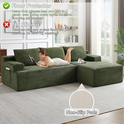 96" Modular Sectional Sofa, Modern Corduroy Cloud Couch, Boneless Couch Upholstered 3-Seater L-Shaped Sofa for Living Room, No Assembly Required (Green, Right-Facing Chaise)