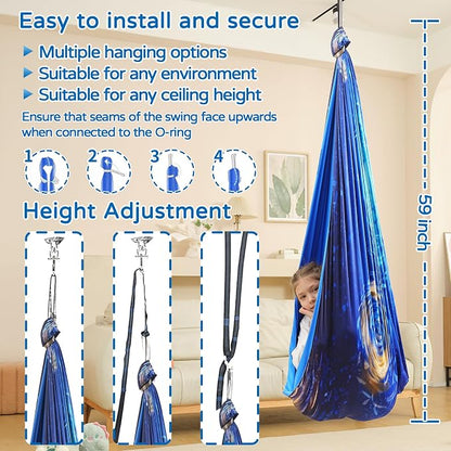 Sensory Swing for Kids Indoor & Outdoor Double Layer Therapy Cuddle Hammock Chair with 360 Swivel Hanger Kit Adjustable Swing for Child and Adult with Aspergers Autism ADHD (Ocean Blue)