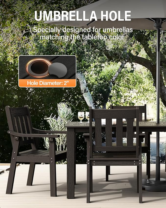 YEFU HIPS Patio Table Set: 7 Piece Outdoor Table and Chairs Patio Furniture Set with Umbrella Hole - Black Modern Plastic Dining Sets 6 Person for Outside Deck with Metal Aluminum Frame