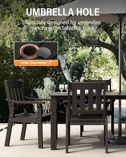 YEFU HIPS Patio Table Set: 7 Piece Outdoor Table and Chairs Patio Furniture Set with Umbrella Hole - Black Modern Plastic Dining Sets 6 Person for Outside Deck with Metal Aluminum Frame