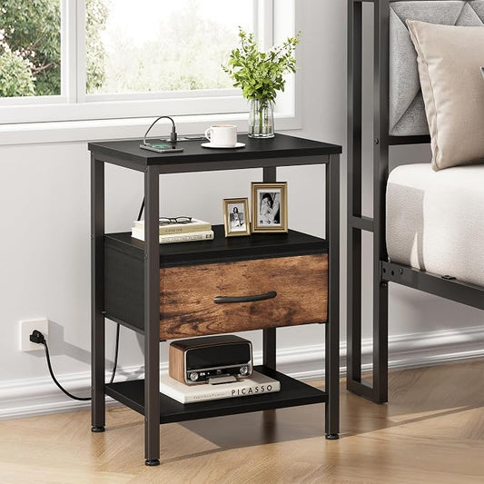 DUMOS Bedside Table with Charging Station and Adjustable Fabric Drawer Compact Nightstand 3-Tier Storage Organizer End Table for Bedroom,Black and Brown